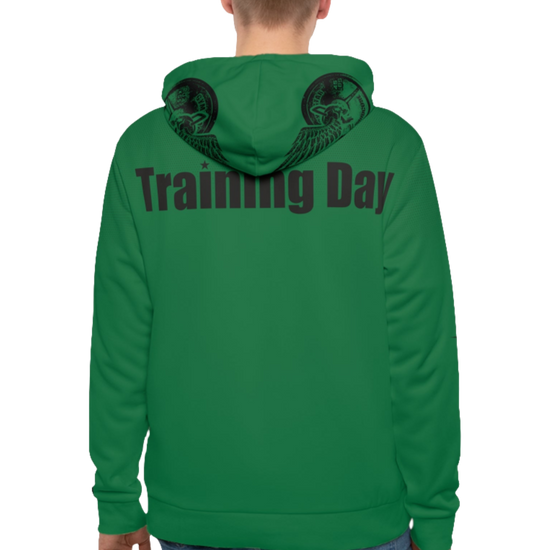 A man wearings green Gymsatr, fitness hoodie with a graphic text Training Day and a logo. Rear view.
