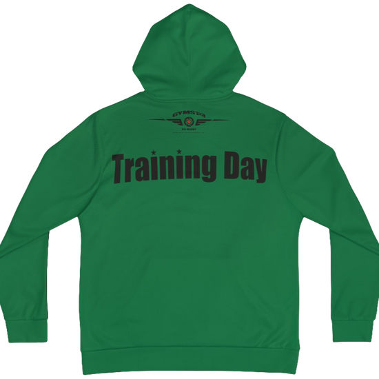 A green Gymsatr, fitness hoodie with a graphic text Training Day and a logo. Rear view.