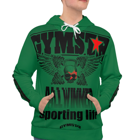 A man wearing a green hoodie with 'GYMSRTA' and related graphics printed on the front, including a star and the text 'ALL WINNERS'. He has a casual and confident expression.