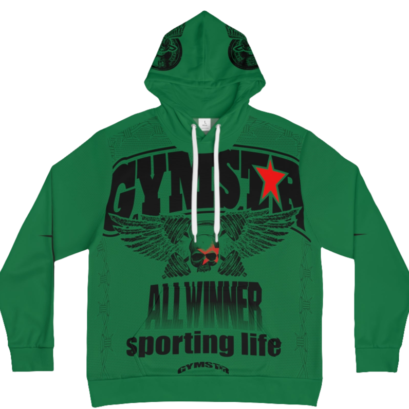 A  green hoodie with 'GYMSRTA' and related graphics printed on the front, including a star and the text 'ALL WINNERS'. He has a casual and confident expression.