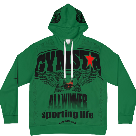 A  green hoodie with 'GYMSRTA' and related graphics printed on the front, including a star and the text 'ALL WINNERS'. He has a casual and confident expression.