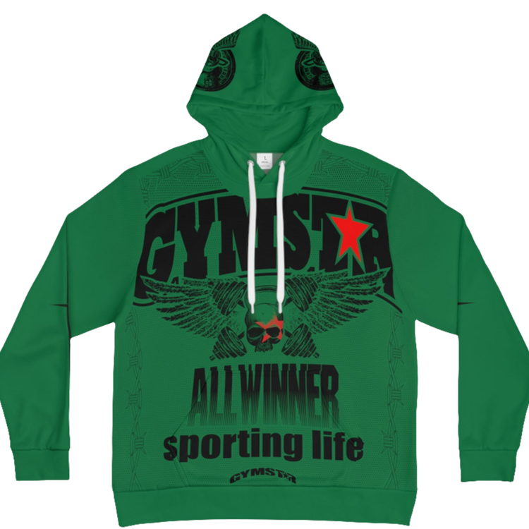 A  green hoodie with 'GYMSRTA' and related graphics printed on the front, including a star and the text 'ALL WINNERS'. He has a casual and confident expression.