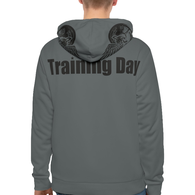 A man wearings sport grey Gymsatr, fitness hoodie with a graphic text Training Day and a logo. Rear view.
