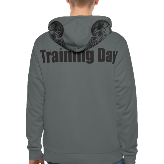 A man wearings sport grey Gymsatr, fitness hoodie with a graphic text Training Day and a logo. Rear view.