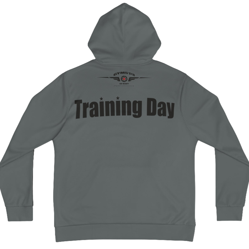A grey Gymsatr, fitness hoodie with a graphic text Training Day and a logo. Rear view.