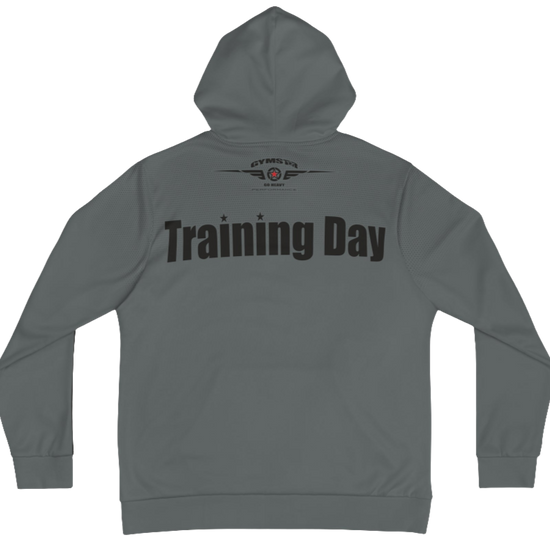A grey Gymsatr, fitness hoodie with a graphic text Training Day and a logo. Rear view.
