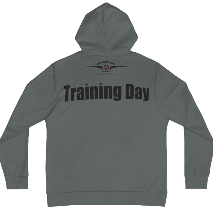 A grey Gymsatr, fitness hoodie with a graphic text Training Day and a logo. Rear view.