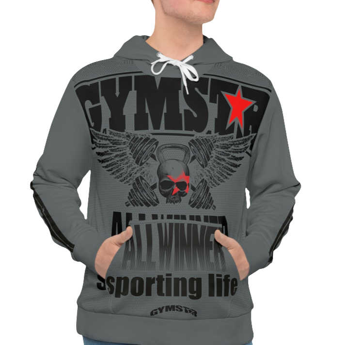 A man wearing a sports grey hoodie with 'GYMSRTA' and related graphics printed on the front, including a star and the text 'ALL WINNERS'. He has a casual and confident expression front view.
