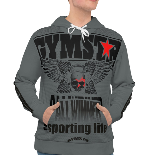 A man wearing a sports grey hoodie with 'GYMSRTA' and related graphics printed on the front, including a star and the text 'ALL WINNERS'. He has a casual and confident expression front view.