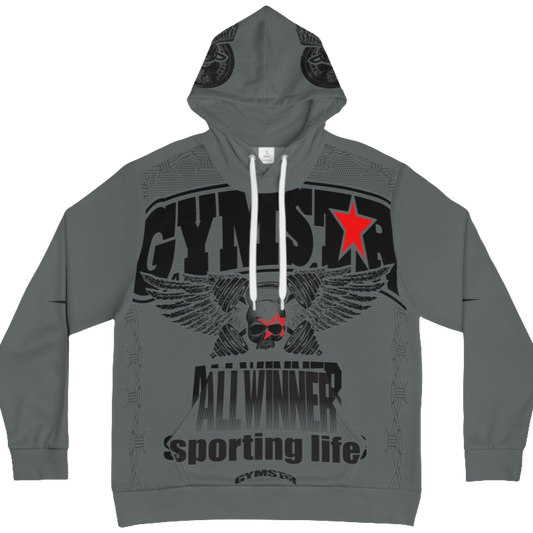A  sports grey hoodie with 'GYMSRTA' and related graphics printed on the front, including a star and the text 'ALL WINNERS'. 