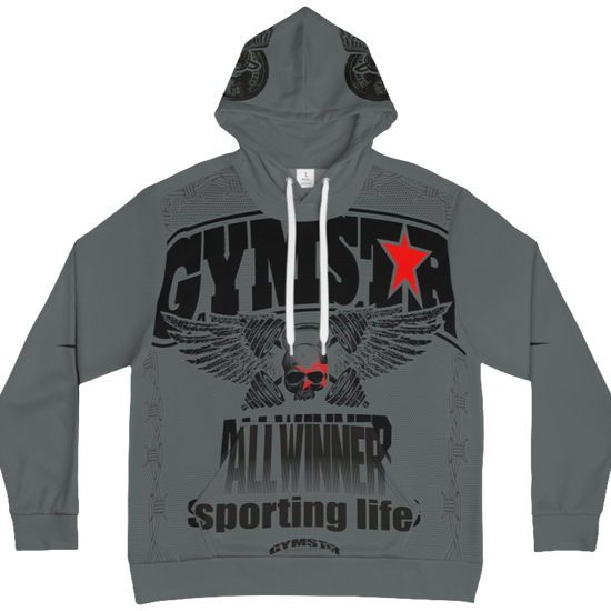 A  sports grey hoodie with 'GYMSRTA' and related graphics printed on the front, including a star and the text 'ALL WINNERS'. 