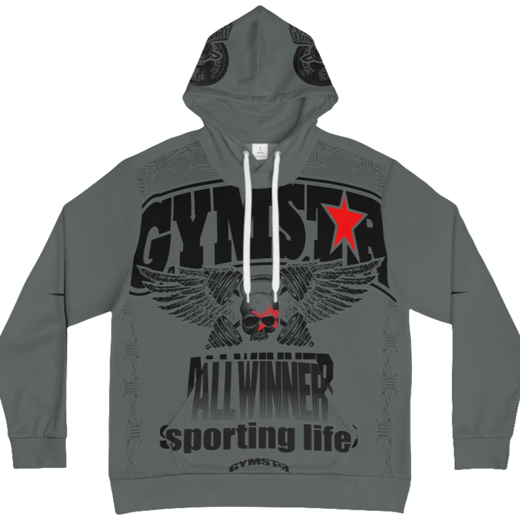 A  sports grey hoodie with 'GYMSRTA' and related graphics printed on the front, including a star and the text 'ALL WINNERS'. 