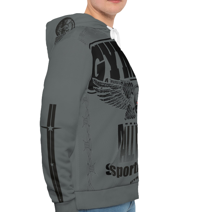 A man wearing a sports grey hoodie with 'GYMSRTA' and related graphics printed on the front, including a star and the text 'ALL WINNERS'. He has a casual and confident expression right cide view.
