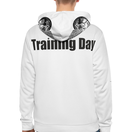A man wearings White Gymsatr, fitness hoodie with a graphic text Training Day and a logo. Rear view.