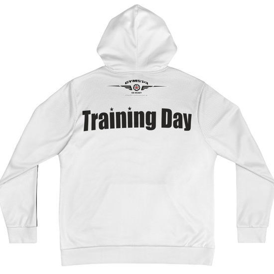 A white Gymsatr, fitness hoodie with a graphic text Training Day and a logo. Rear view.