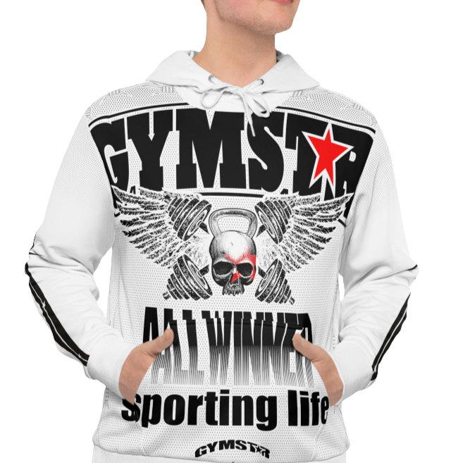 A man wearing a white hoodie with 'GYMSRTA' and related graphics printed on the front, including a star and the text 'ALL WINNERS'. He has a casual and confident expression front view.