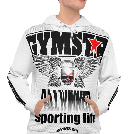 A man wearing a white hoodie with 'GYMSRTA' and related graphics printed on the front, including a star and the text 'ALL WINNERS'. He has a casual and confident expression front view.