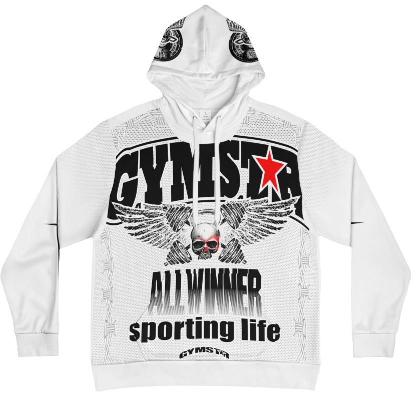 A white hoodie with 'GYMSRTA' and related graphics printed on the front, including a star and the text 'ALL WINNERS'. He has a casual and confident expression front view