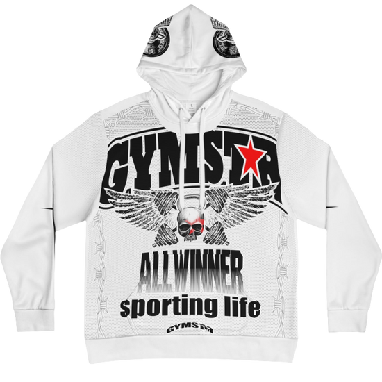 A white hoodie with 'GYMSRTA' and related graphics printed on the front, including a star and the text 'ALL WINNERS'. He has a casual and confident expression front view