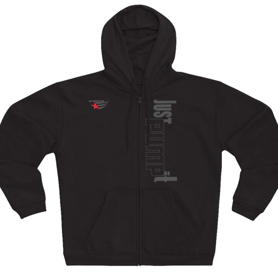 Dark shoko sports, Gymsatr, fitness hoodie with a graphic text Just pump It and a logo on the front, and the hoodie has a full zip closure. Front view.