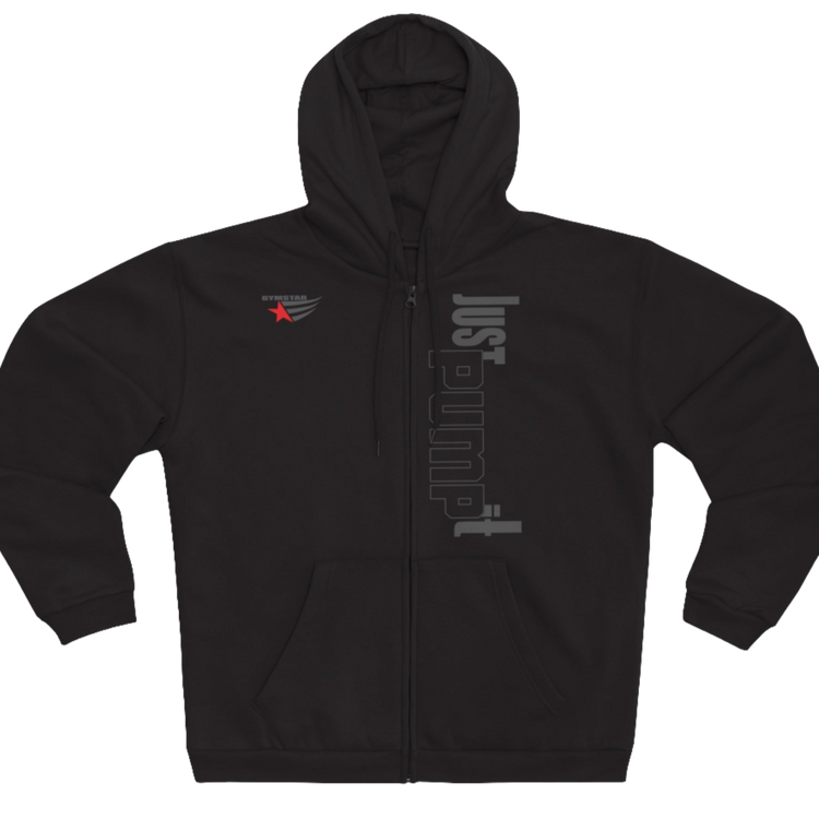 Dark shoko sports, Gymsatr, fitness hoodie with a graphic text Just pump It and a logo on the front, and the hoodie has a full zip closure. Front view.