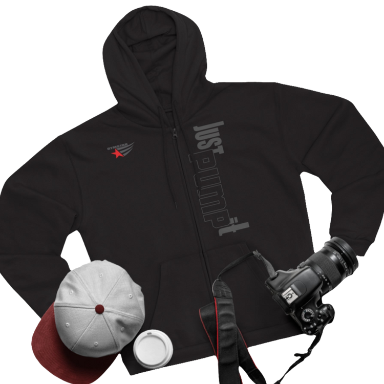Dark shoko sports, Gymsatr, fitness hoodie with a graphic text Just pump It and a logo on the front, and the hoodie has a full zip closure. Front group view.