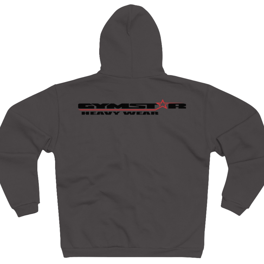 Sports grey sports, Gymsatr, fitness hoodie with a graphic text Just pump It and a logo on the front, and the hoodie has a full zip closure. Rear view.