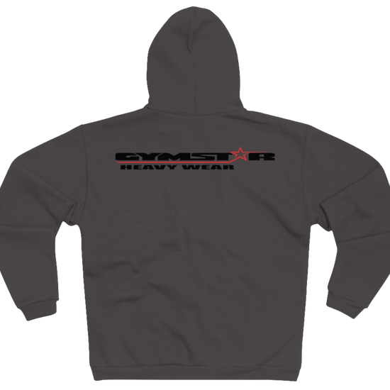 Sports grey sports, Gymsatr, fitness hoodie with a graphic text Just pump It and a logo on the front, and the hoodie has a full zip closure. Rear view.