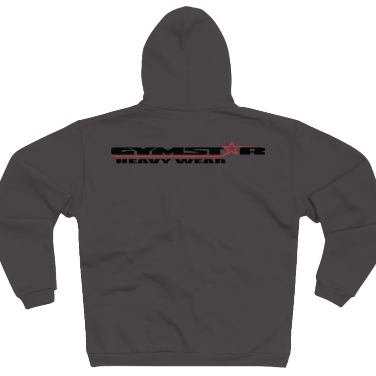 Sports grey sports, Gymsatr, fitness hoodie with a graphic text Just pump It and a logo on the front, and the hoodie has a full zip closure. Rear view.