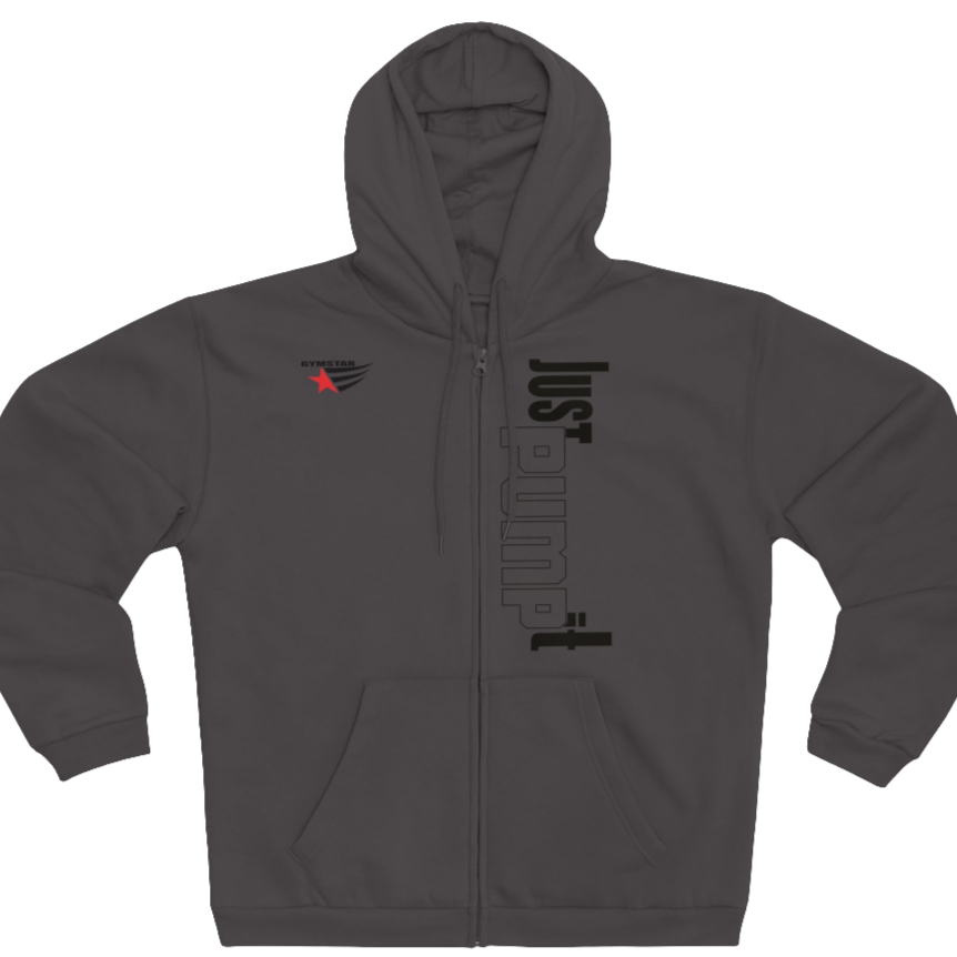 Sports grey sports, Gymsatr, fitness hoodie with a graphic text Just pump It and a logo on the front, and the hoodie has a full zip closure. Front view.