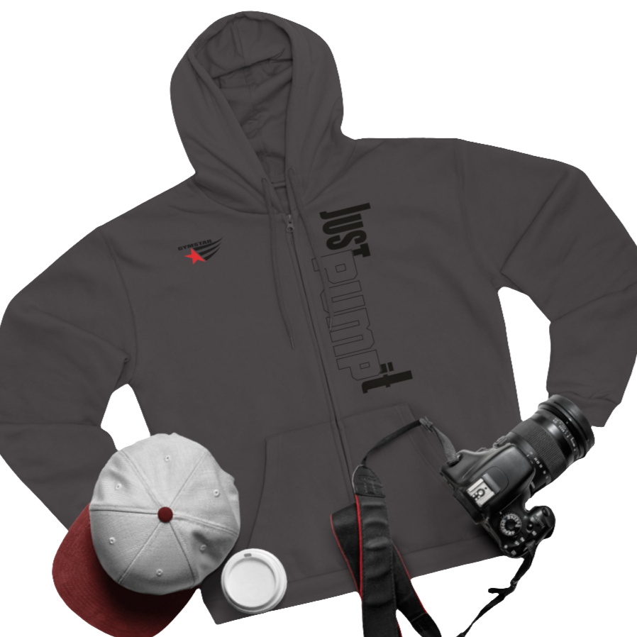 Sports grey sports, Gymsatr, fitness hoodie with a graphic text Just pump It and a logo on the front, and the hoodie has a full zip closure. Front group view.