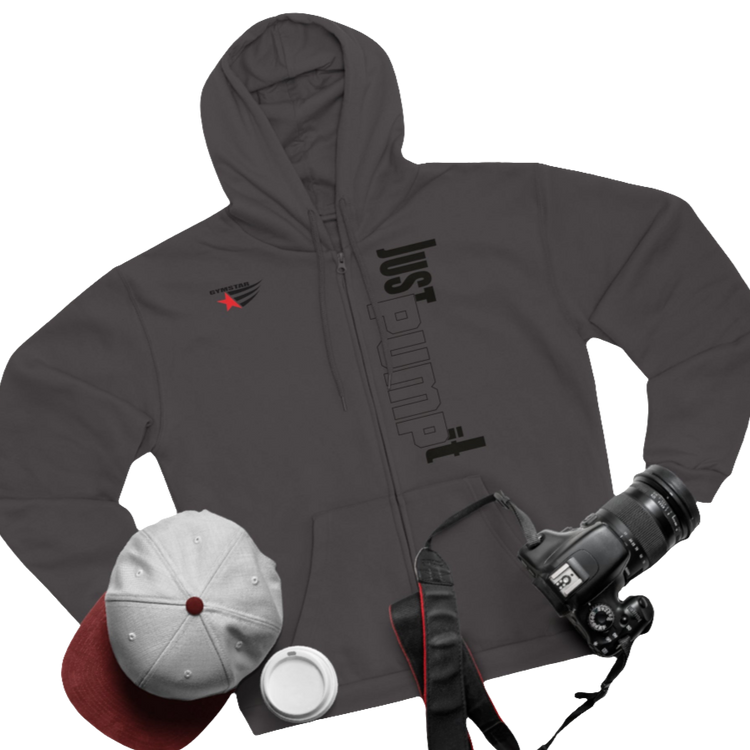 Sports grey sports, Gymsatr, fitness hoodie with a graphic text Just pump It and a logo on the front, and the hoodie has a full zip closure. Front group view.