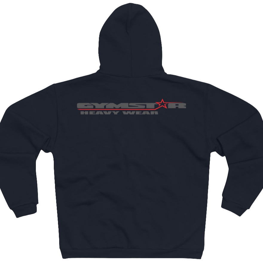 Navy Blue sports, Gymsatr, fitness hoodie with a graphic text Just pump It and a logo on the front, and the hoodie has a full zip closure. Rear view.