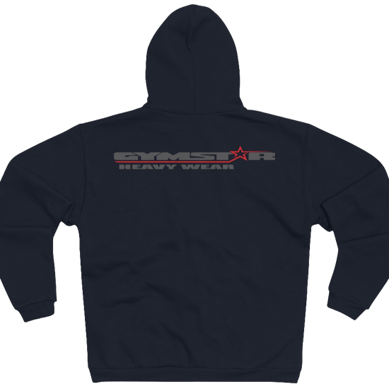 Navy Blue sports, Gymsatr, fitness hoodie with a graphic text Just pump It and a logo on the front, and the hoodie has a full zip closure. Rear view.