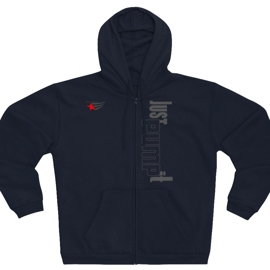 Navy Blue sports, Gymsatr, fitness hoodie with a graphic text Just pump It and a logo on the front, and the hoodie has a full zip closure. Front view.