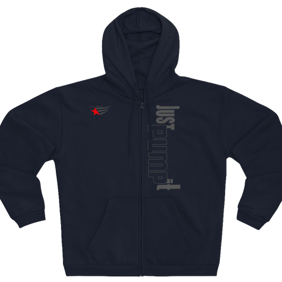 Navy Blue sports, Gymsatr, fitness hoodie with a graphic text Just pump It and a logo on the front, and the hoodie has a full zip closure. Front view.