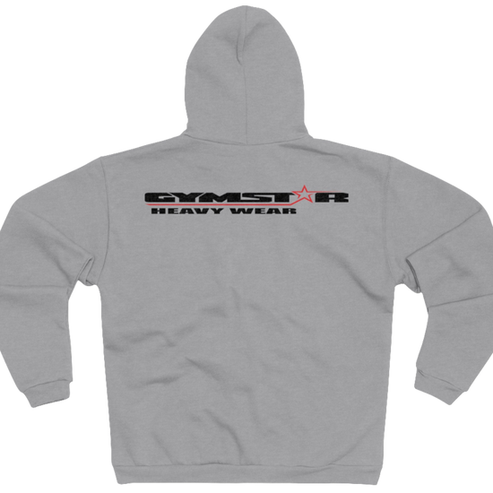 Silver grey sports, Gymsatr, fitness hoodie with a graphic text Just pump It and a logo on the front, and the hoodie has a full zip closure. Rear view.