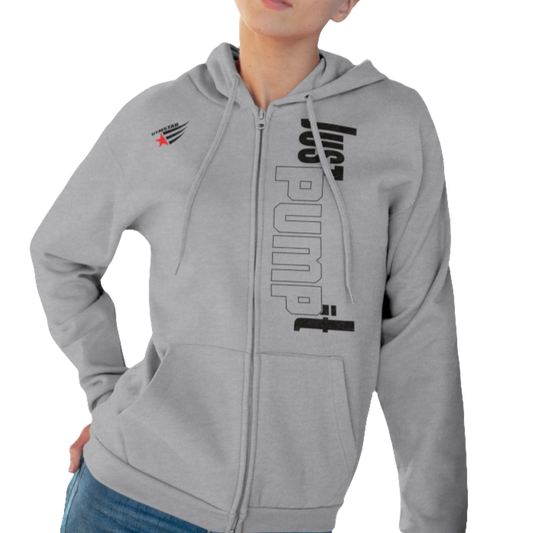 A woman wearing a silver grey sports, Gymsatr, fitness hoodie with a graphic text You Can Work for It, and a logo on the front, and the hoodie has a full zip closure. Front view.