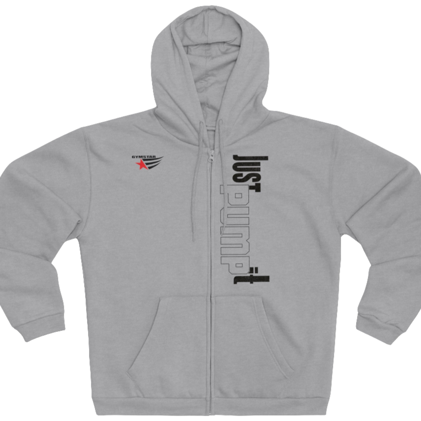 Silver grey sports, Gymsatr, fitness hoodie with a graphic text Just pump It and a logo on the front, and the hoodie has a full zip closure. Front view.