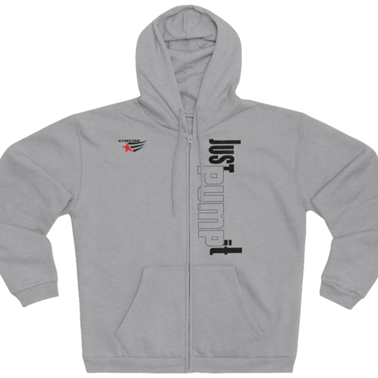 Silver grey sports, Gymsatr, fitness hoodie with a graphic text Just pump It and a logo on the front, and the hoodie has a full zip closure. Front view.