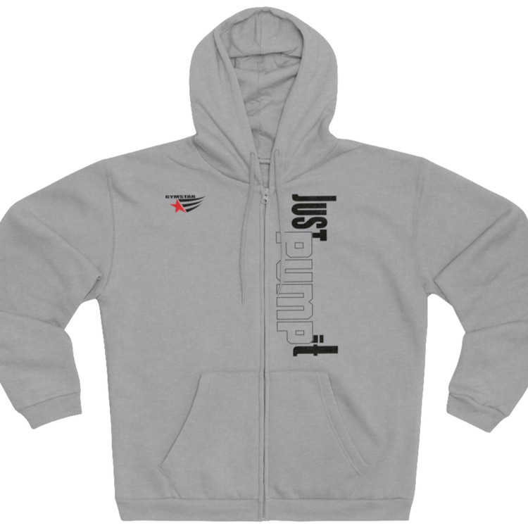 Silver grey sports, Gymsatr, fitness hoodie with a graphic text Just pump It and a logo on the front, and the hoodie has a full zip closure. Front view.