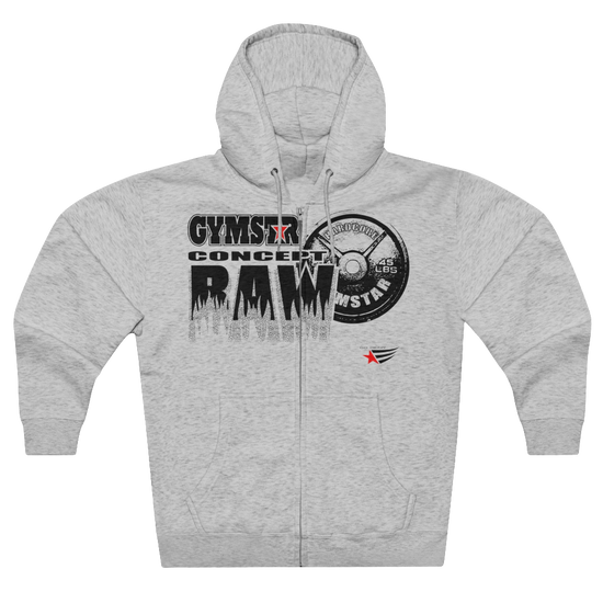 Silver grey sports, Gymsatr, fitness hoodie with a graphic text Raw Concept and a logo on the front, and the hoodie has a full zip closure. Front view.