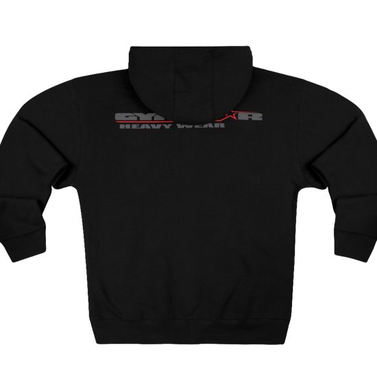 A black sports, Gymsatr, fitness hoodie with a graphic text Raw Concept and a logo on the front, and the hoodie has a full zip closure. Rear view.