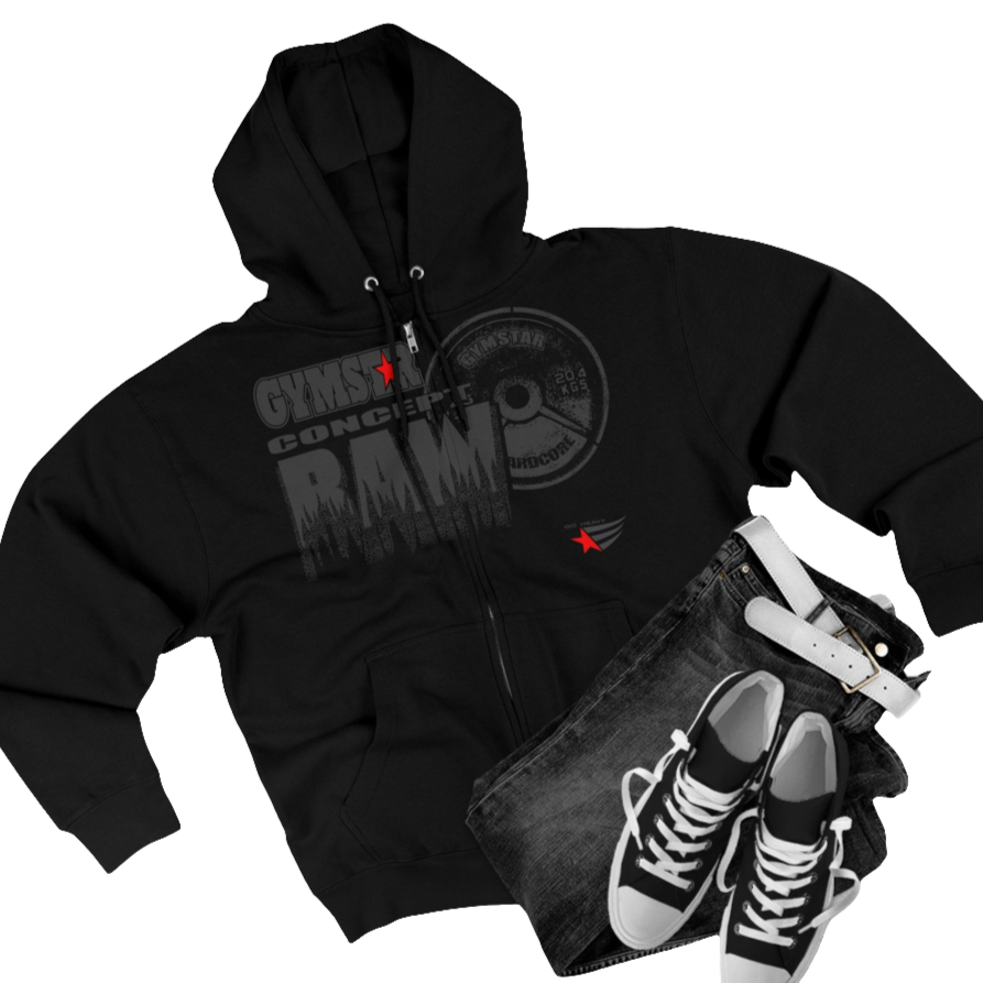 A black sports, Gymsatr, fitness hoodie with a graphic text Raw Concept and a logo on the front, and the hoodie has a full zip closure. Front group view.