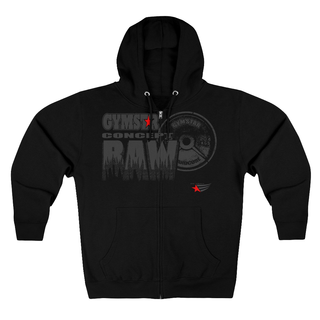 Black sports, Gymsatr, fitness hoodie with a graphic text Raw Concept and a logo on the front, and the hoodie has a full zip closure. Front view.