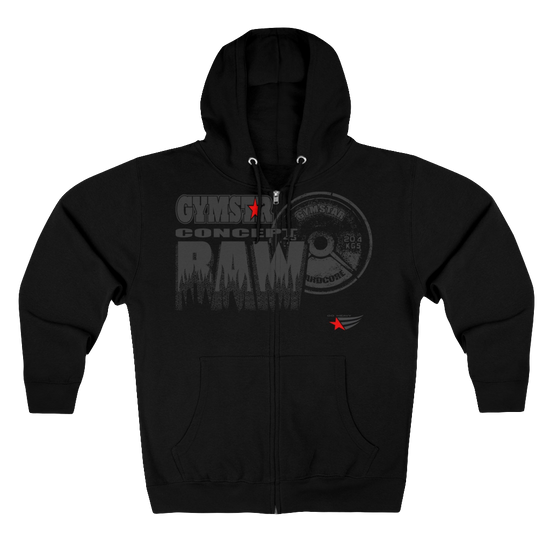 Black sports, Gymsatr, fitness hoodie with a graphic text Raw Concept and a logo on the front, and the hoodie has a full zip closure. Front view.
