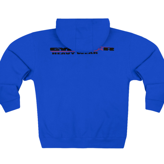 A blue Gymsatr, fitness hoodie with a graphic text Raw Concept and a logo on the front, and the hoodie has a full zip closure. Rear view.