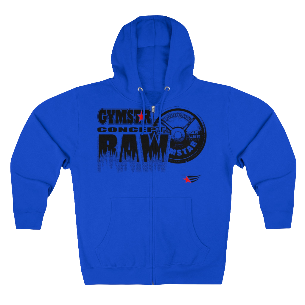 A blue sports, Gymsatr, fitness hoodie with a graphic text Raw Concept and a logo on the front, and the hoodie has a full zip closure. Front view.