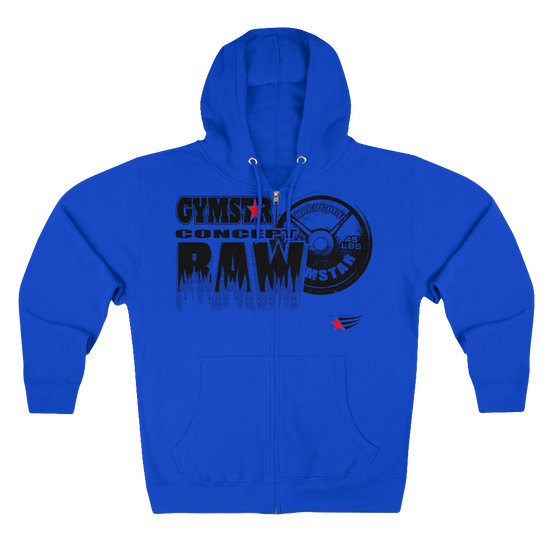A blue sports, Gymsatr, fitness hoodie with a graphic text Raw Concept and a logo on the front, and the hoodie has a full zip closure. Front view.