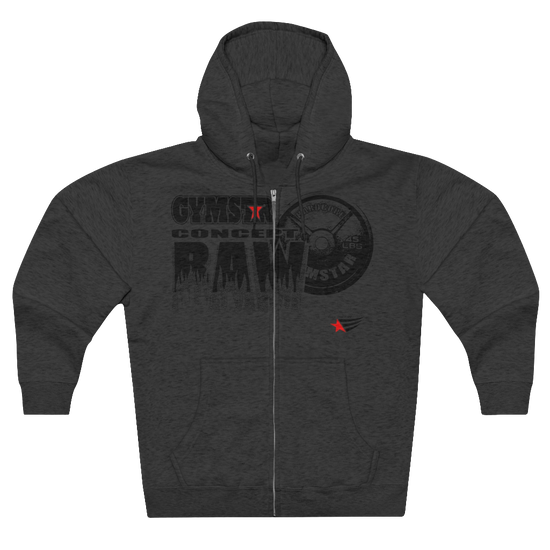 A grey sports, Gymsatr, fitness hoodie with a graphic text Raw Concept and a logo on the front, and the hoodie has a full zip closure. Front view.